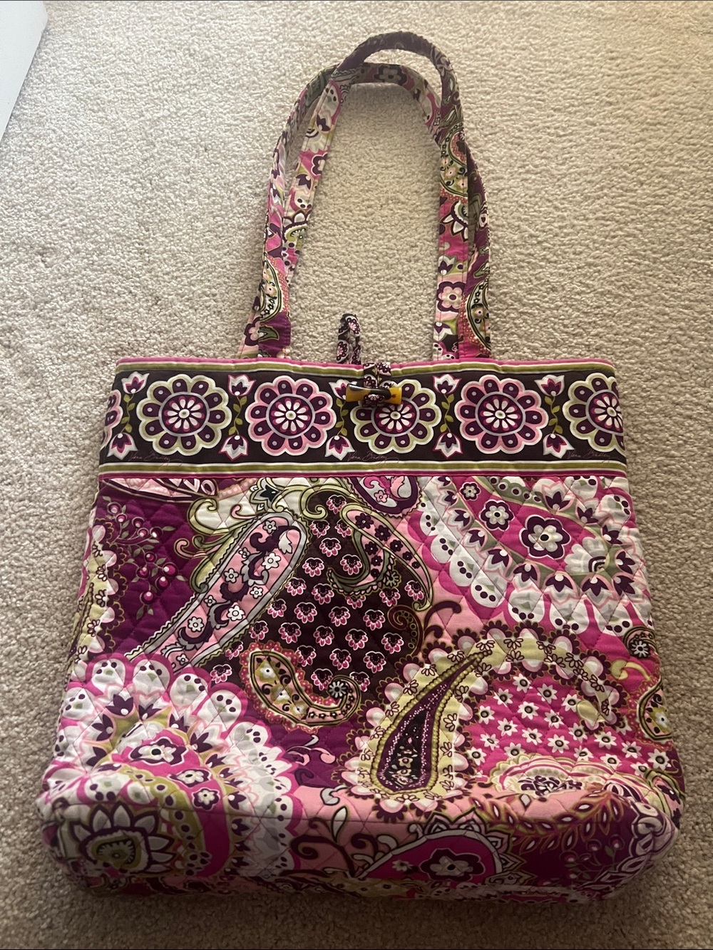 Vera Bradley Pink Paisley Quilted Tote with Olive Accents